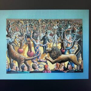 This is a fabulous large painting in acrylic on canvas and painted wooden frame by PJ Crook titled ‘Grand Parade’, 2004.