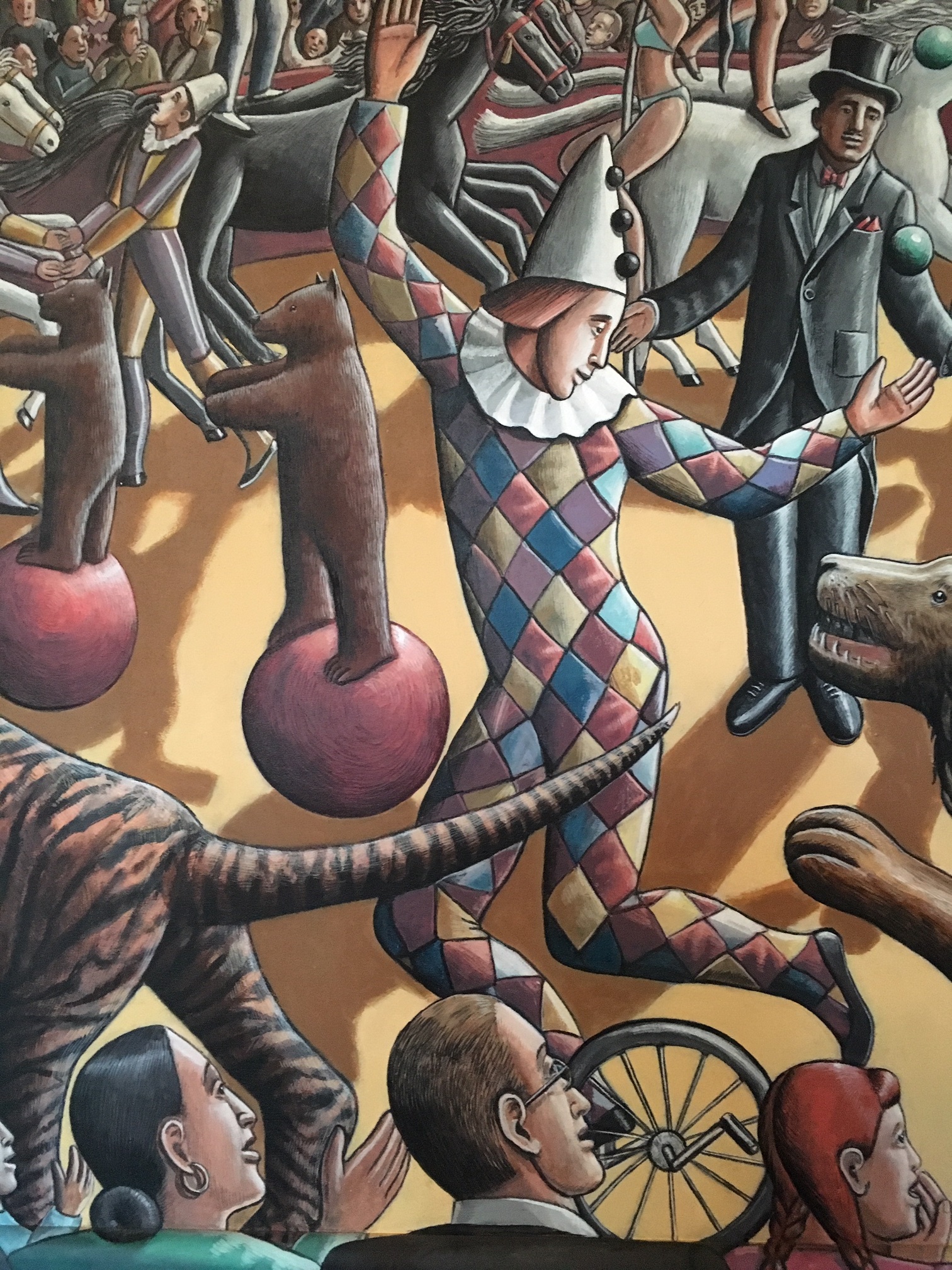 Fabulous large painting in acrylic by PJ Crook (RWA) titled ‘Grand Parade’, 2004. Clown Detail.