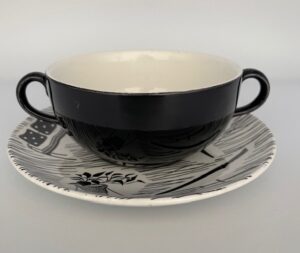Soup Bowl (2.25" / 5.5 cm tall) & Saucer (6.25" / 16 cm) with 6 motifs, with later Ridgway Potteries Homemaker backstamp.