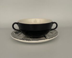 Soup Bowl (2.25" / 5.5 cm tall) & Saucer (6.25" / 16 cm) with 6 motifs, with later Ridgway Potteries Homemaker backstamp.
