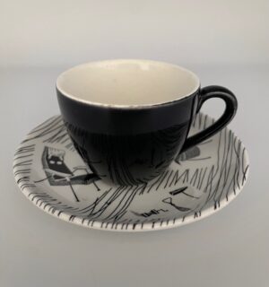 Coffee Cup (2" / 5.2 cm tall) & Saucer (4.5" / 11.5 cm) with 4 motifs, with later Ridgway Potteries Homemaker backstamp.