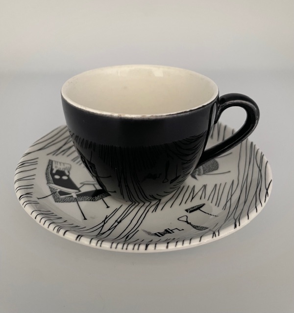 Coffee Cup (2" / 5.2 cm tall) & Saucer (4.5" / 11.5 cm) with 4 motifs, with later Ridgway Potteries Homemaker backstamp.