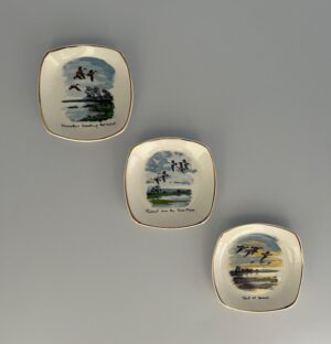 Midwinter Wild Geese 3 Pin Trays, titled 'Teal at Speed' 'Pintail over the Tack Piece' and 'Shovellers heading the Wind'