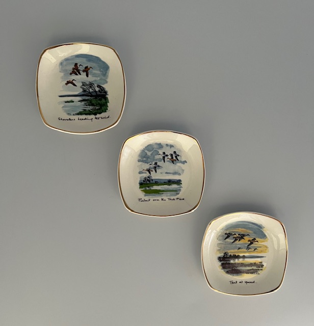 Midwinter Wild Geese 3 Pin Trays, titled 'Teal at Speed' 'Pintail over the Tack Piece' and 'Shovellers heading the Wind'