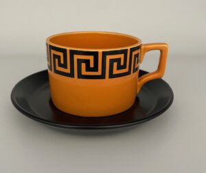 Portmeirion Tea Cup & Saucer in Orange Greek Key