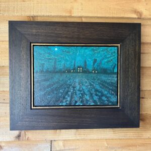 This is an original painting in oil on panel by Simon, titled 'Night Farm’ (originally Farm at Night), dated 2004.