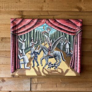 This is a great example by PJ Crook painted in acrylic on board and wooden frame titled ‘Serenade’, 2004.